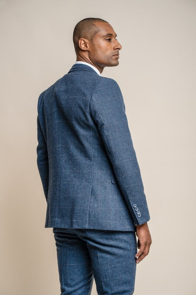 Herren Slim Fit Fischgrät Tweed Blauer Anzug - CARNEGI - Marineblau