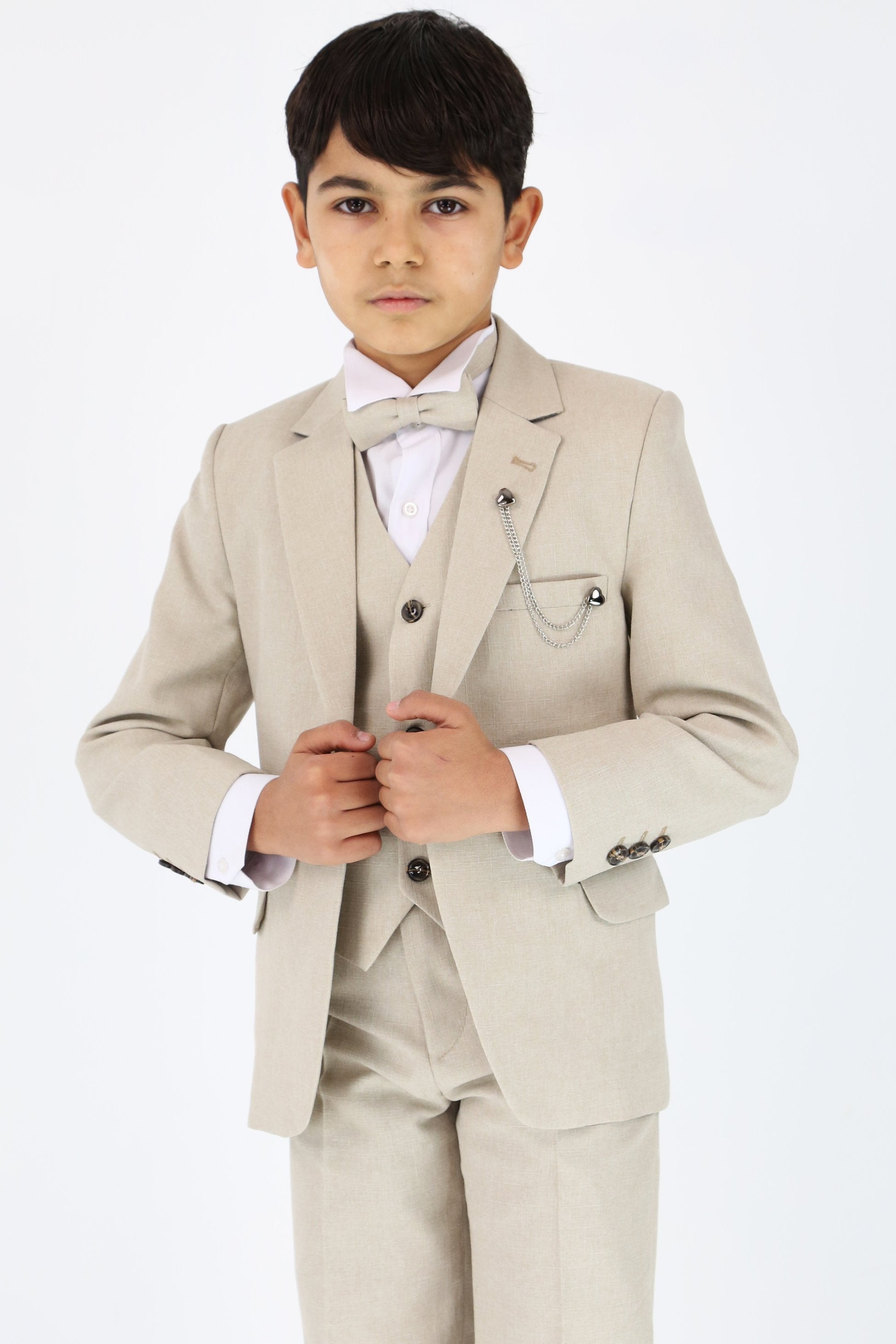 Jungen Slim Fit Strukturierter 6-teiliger Formalanzug-Set - Beige