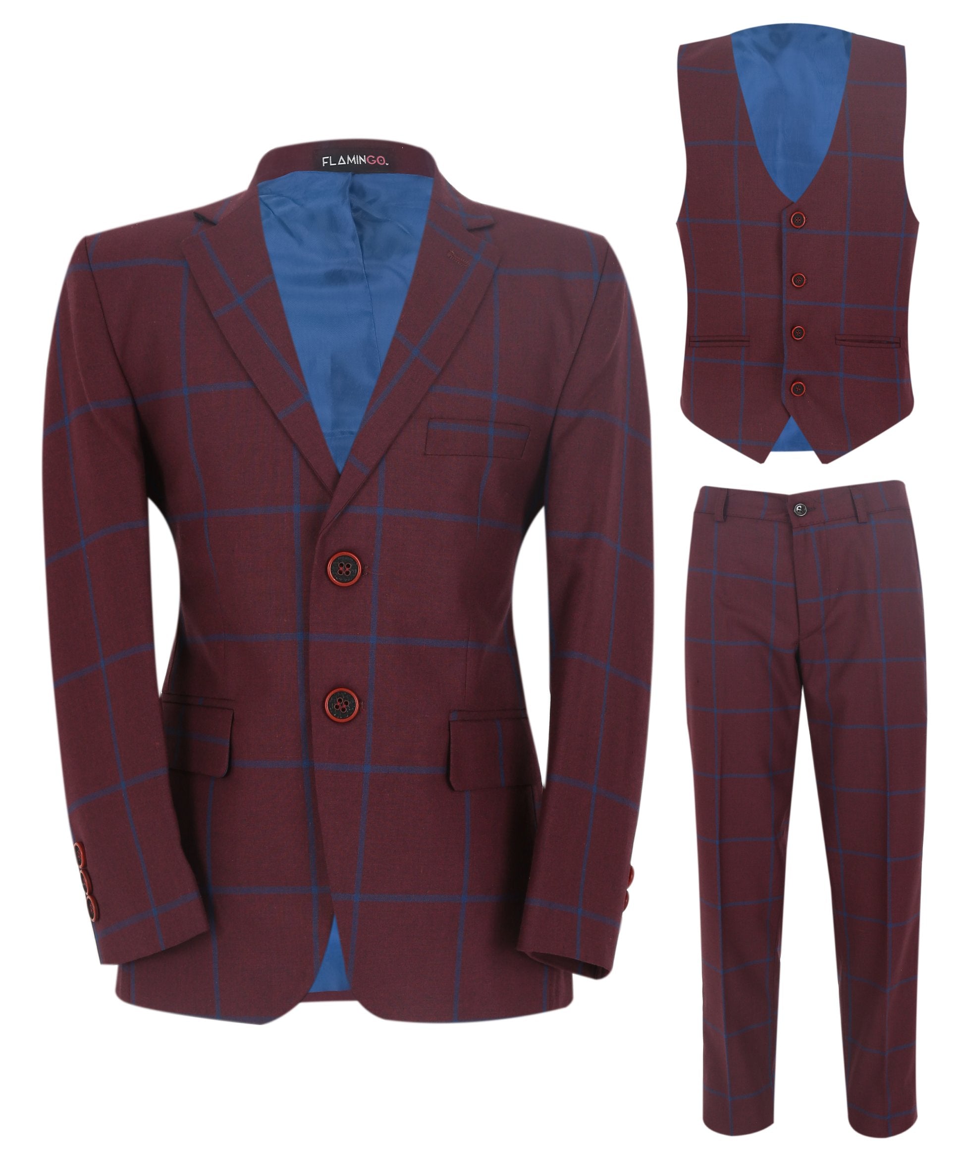 Costume à Carreaux Windowpane Tailored Fit pour Garçons - DOMINIC - Bordeaux - Bleu