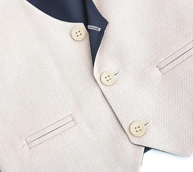 Boys' Slim Fit Textured Waistcoat Suit Set, Formal Outfit - Beige