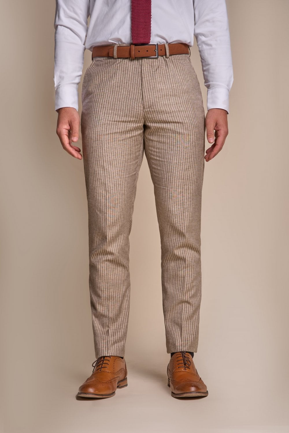 Herren Slim Fit Nadelstreifen Beiger Anzug – KRAKEN Sand - Sandbeige