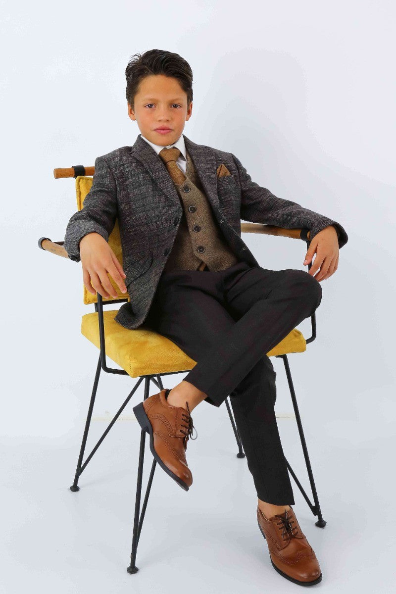 Jungen Tweed Fischgrät Blazer und Westenanzug-Set - Dunkelbraun