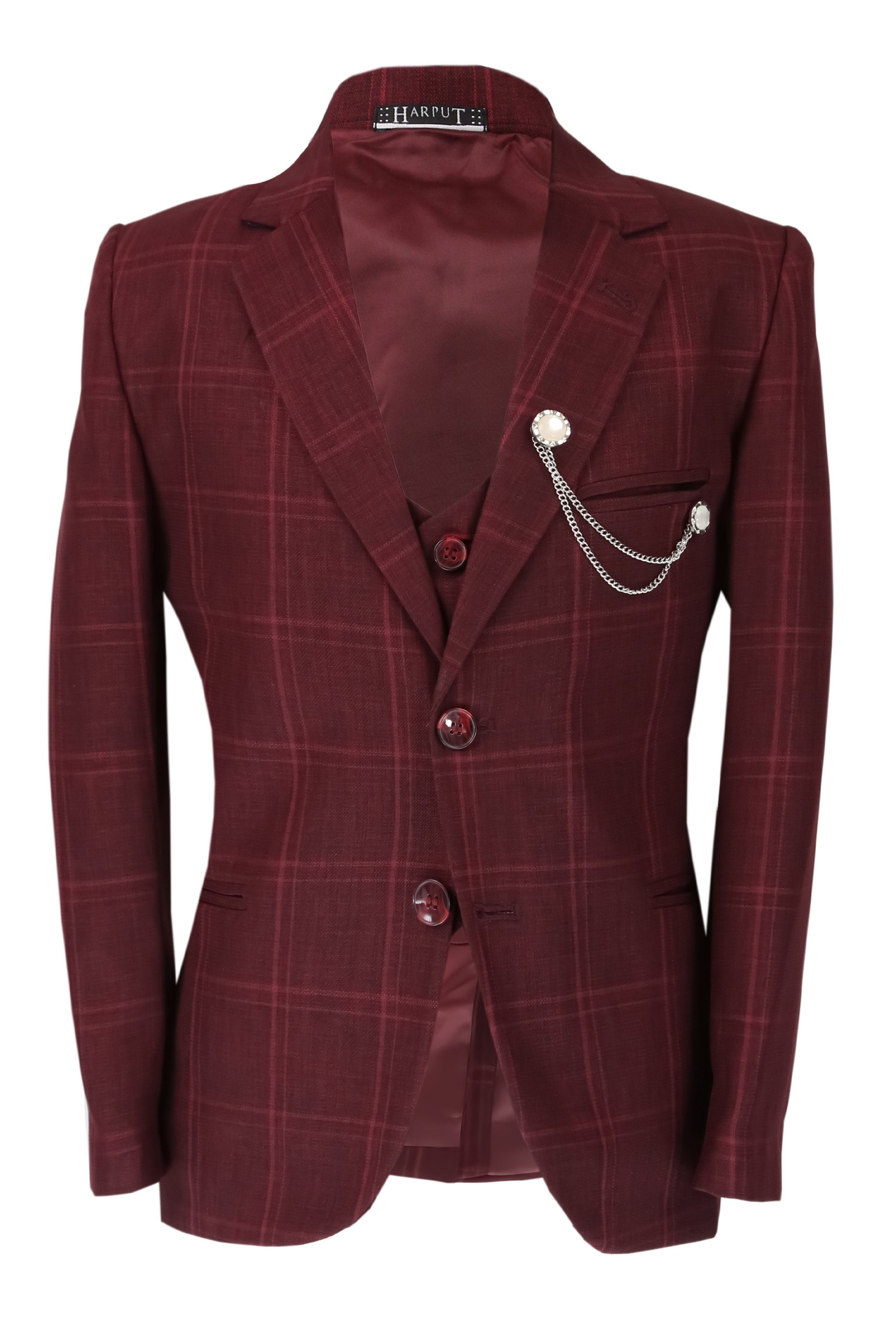 Ensemble Costume à Carreaux Windowpane Bordeaux Slim Fit pour Garçons - Bordeaux