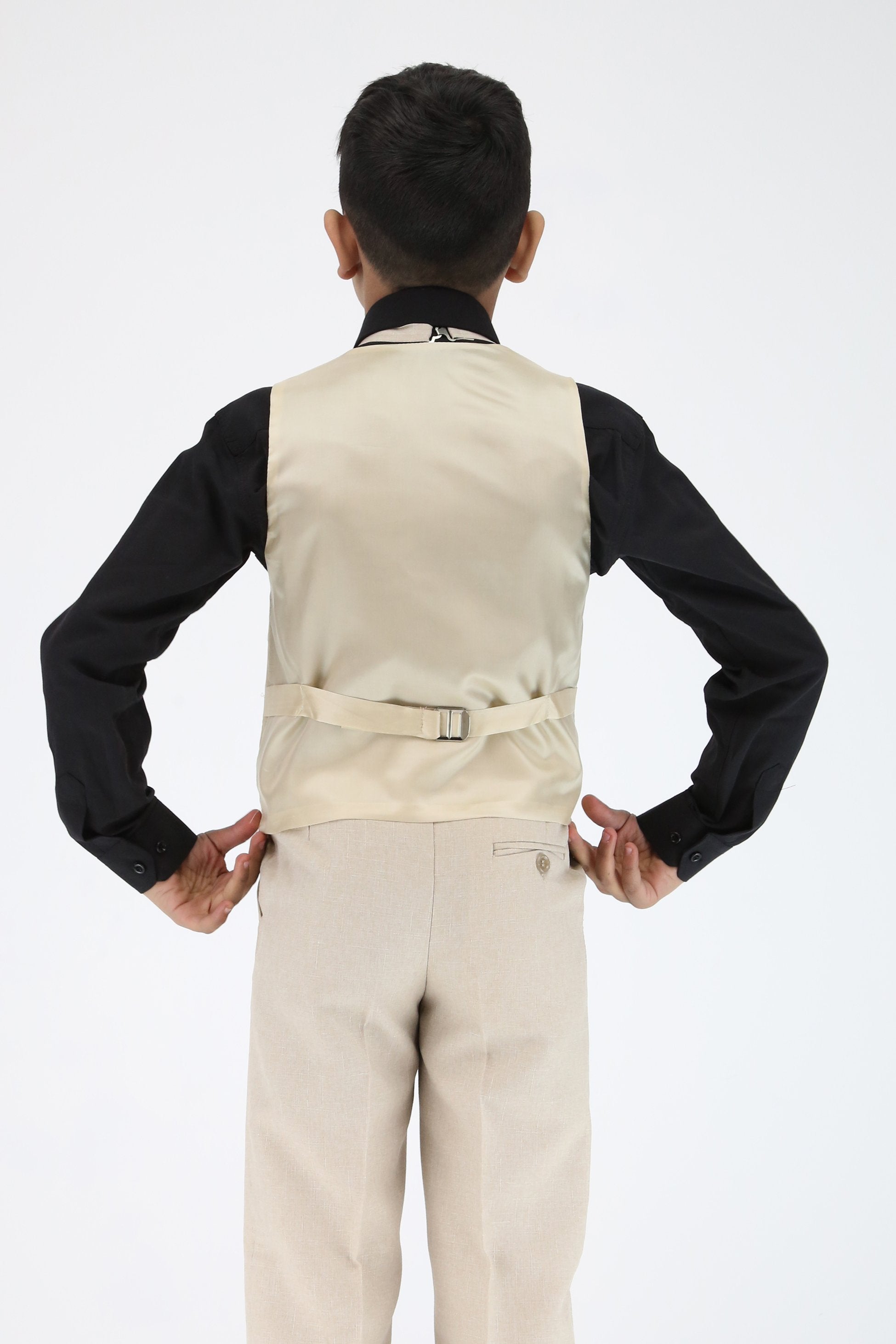 Jungen Slim Fit Strukturierter 6-teiliger Beiger Kommunionsanzug mit Schwarzem Hemd - Beige