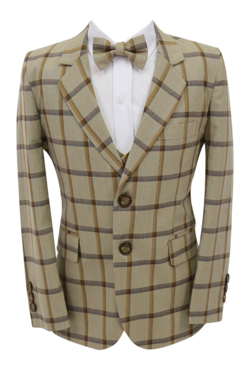 Jungen Windowpane Karo Anzug 7-teiliges Set - Beige
