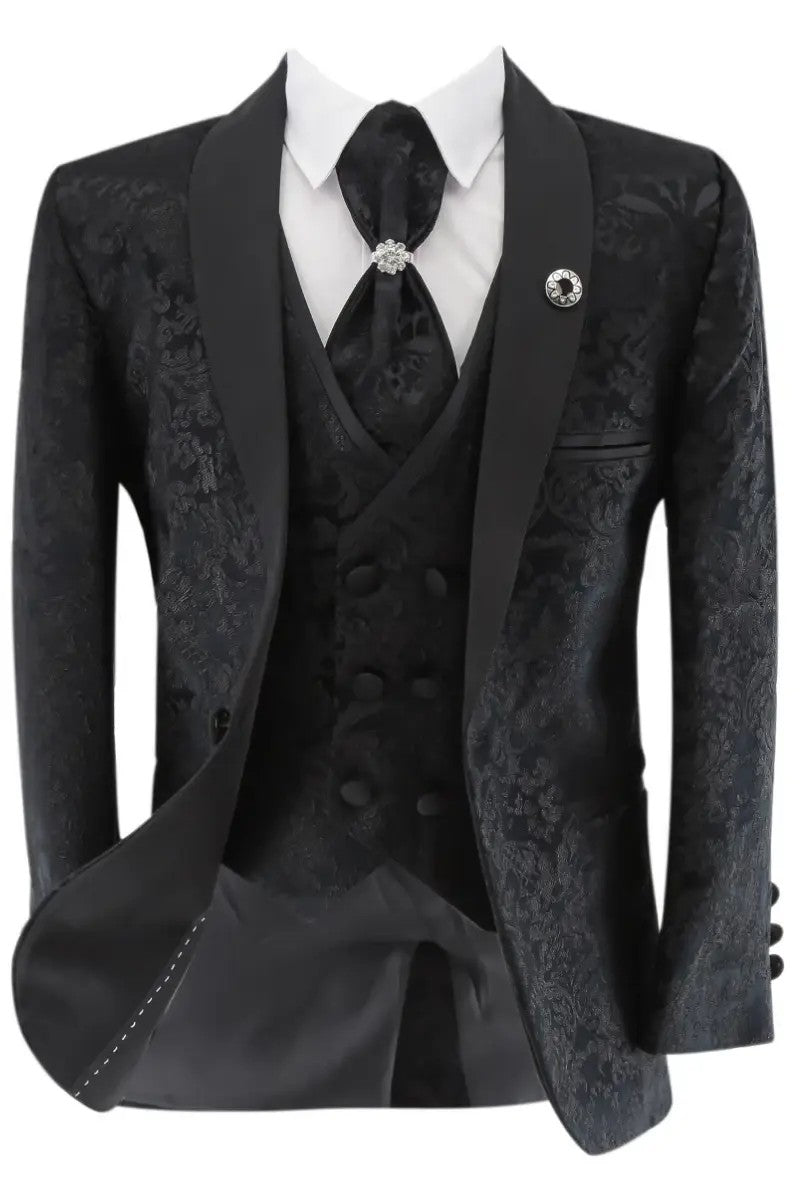 Ensemble Costume de Smoking à Revers Satin et Motifs Floraux pour Garçons - Noir