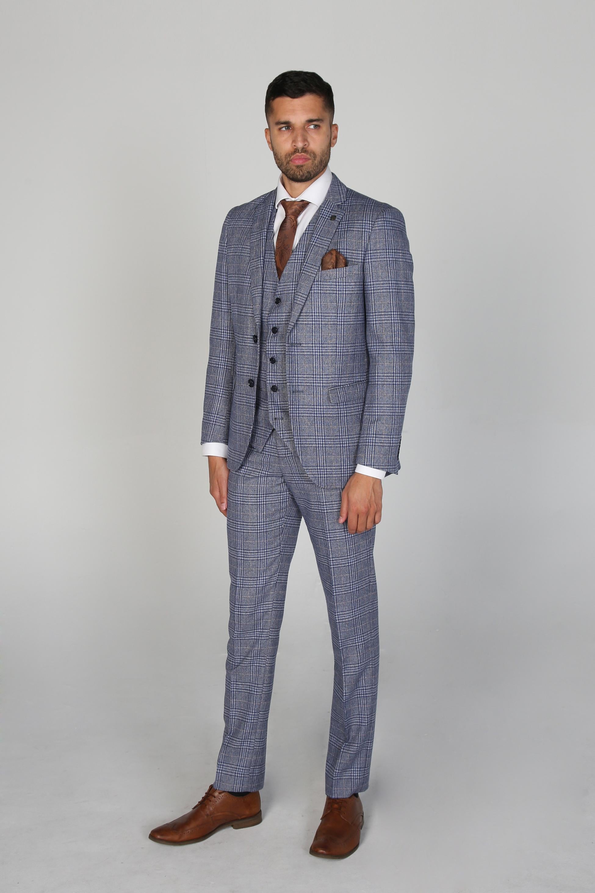Herren Retro Karo Maßgeschneiderter Blauer Anzug - VICTOR - Blau