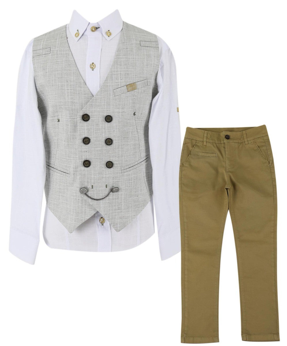 Jungen Selbstgemustertes Doppelreihiges Leinen-Waistcoat Anzug-Set - Hellkhaki