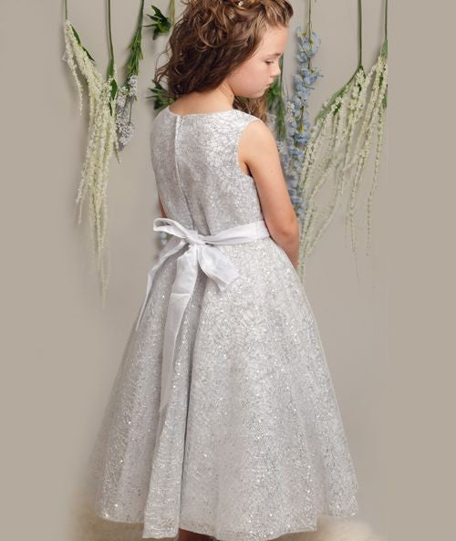 Girls Sparkly Embroidered Dress with Bow – CLIO - Silver