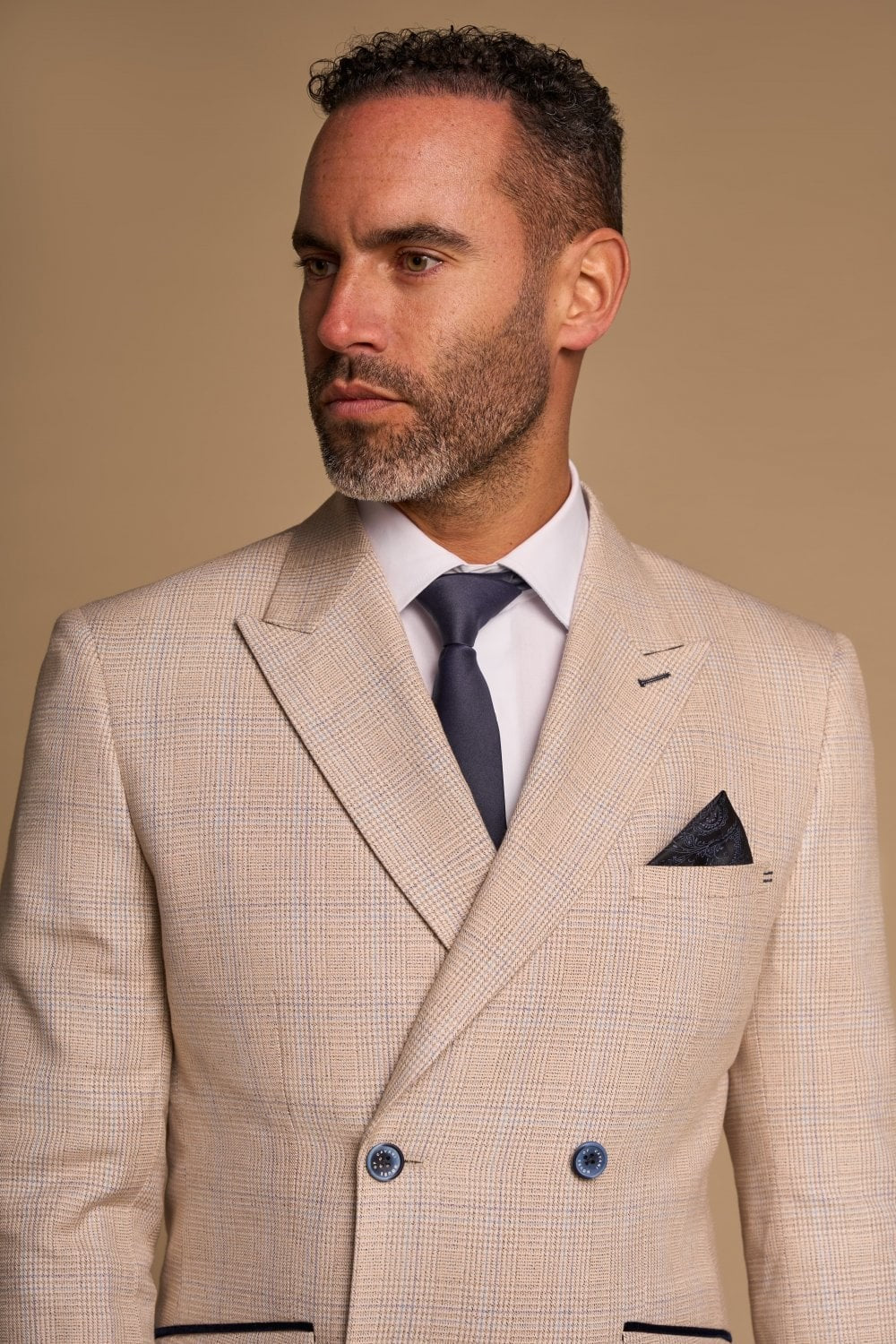 Veste de Costume Double Boutonnage à Motif Pied-de-Poule pour Homme - CARIDI - Beige