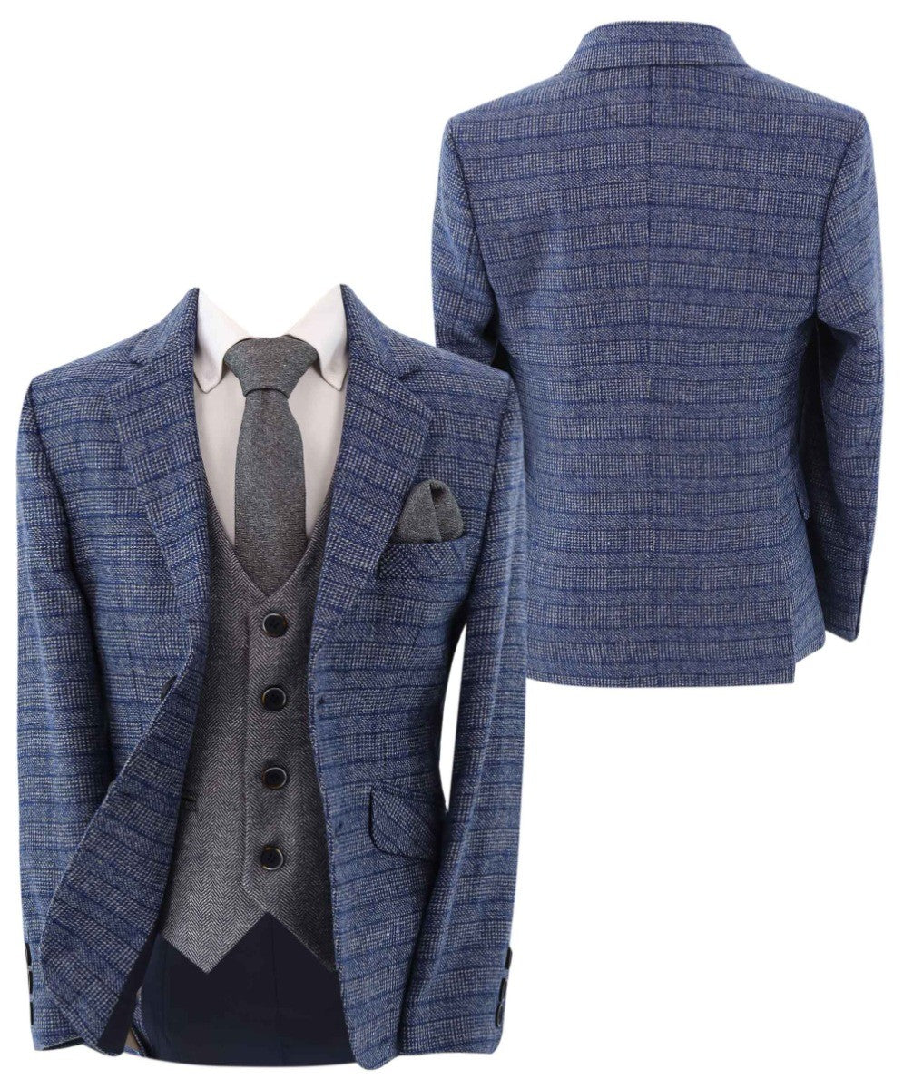 Jungen Tweed Fischgrät Blazer und Westenanzug-Set - Blau