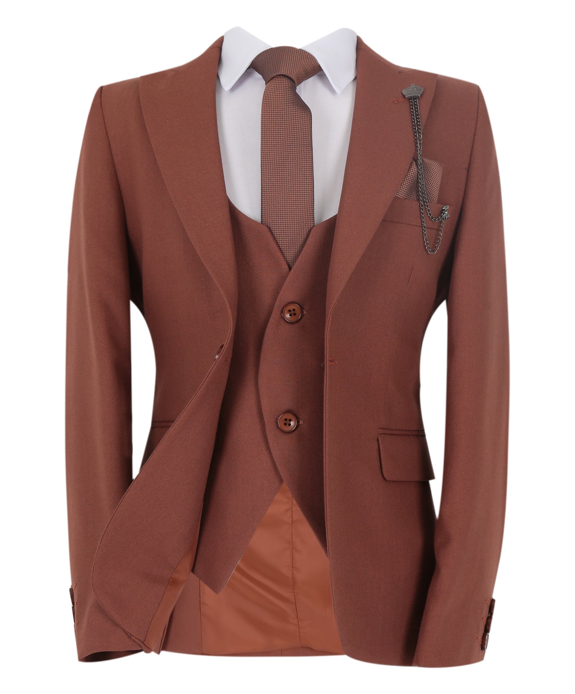 Boys Slim Fit Herringbone 8 Piece Suit Set - KING - Cinnamon Brown