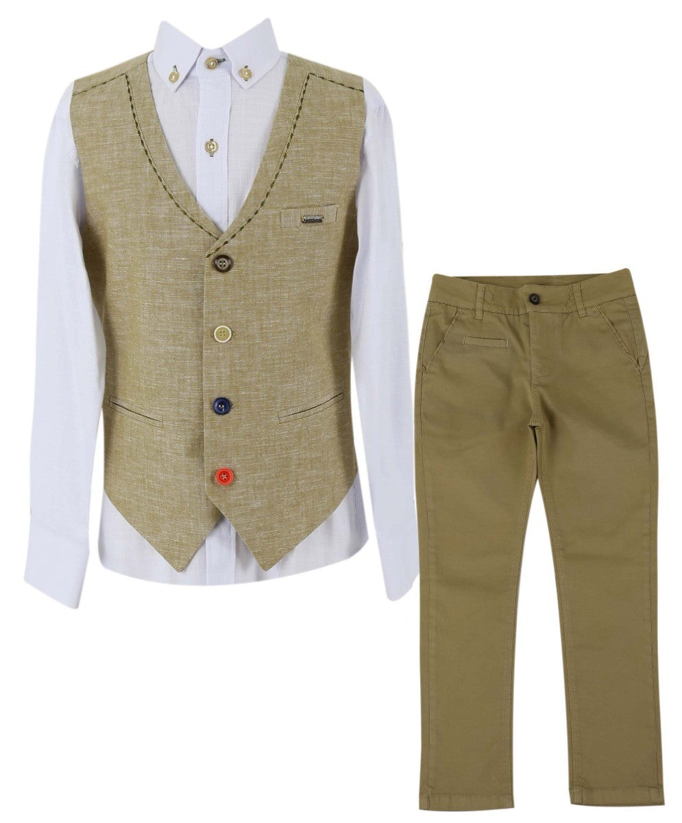 Jungen Leinen Einreihiges Westenanzug-Set - Khakigrün