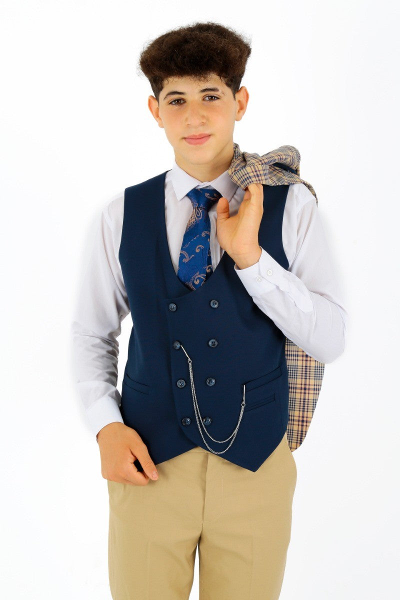 Jungen Karo Schlank geschnittener Anzug - Beige - Navyblau