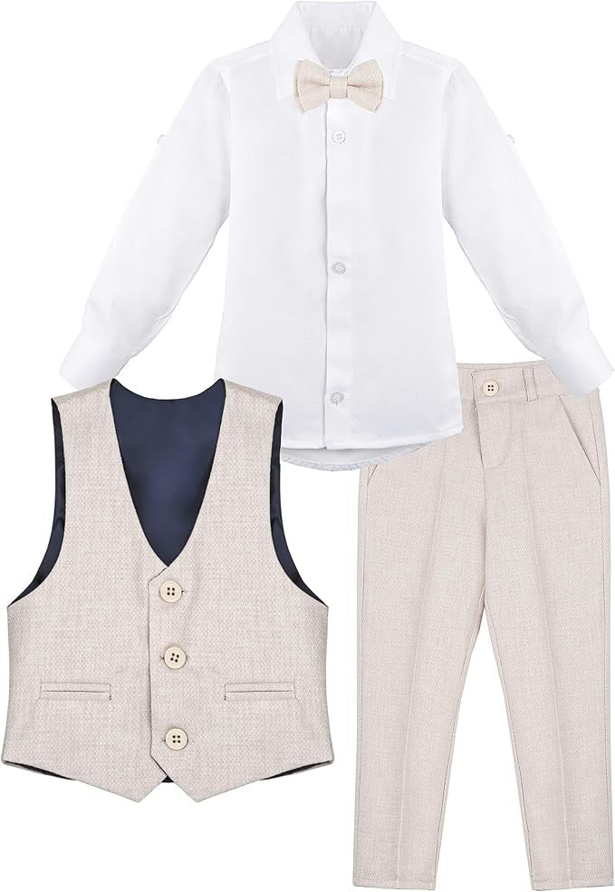 Boys' Slim Fit Textured Waistcoat Suit Set, Formal Outfit - Beige