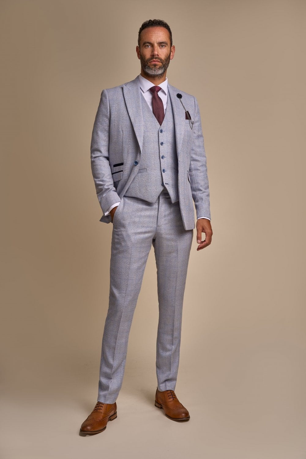 Men's 3-Piece Tweed Glen Check Suit - CARIDI - Sky Blue