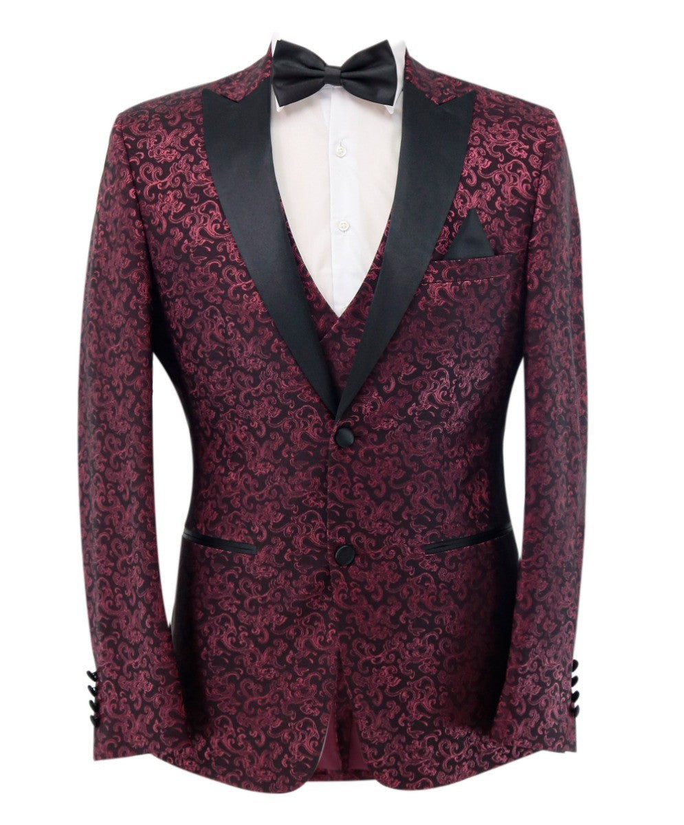 Men's Patterned Shimmer Tuxedo Suit - AARON - Burgundy