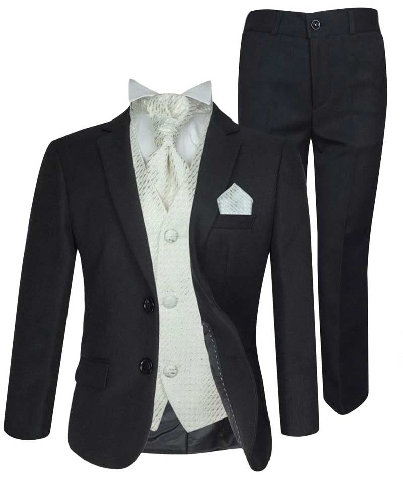 Jungen Formeller Anzug mit Gemusterter Weste und Krawatten-Set - Antonio - Schwarz