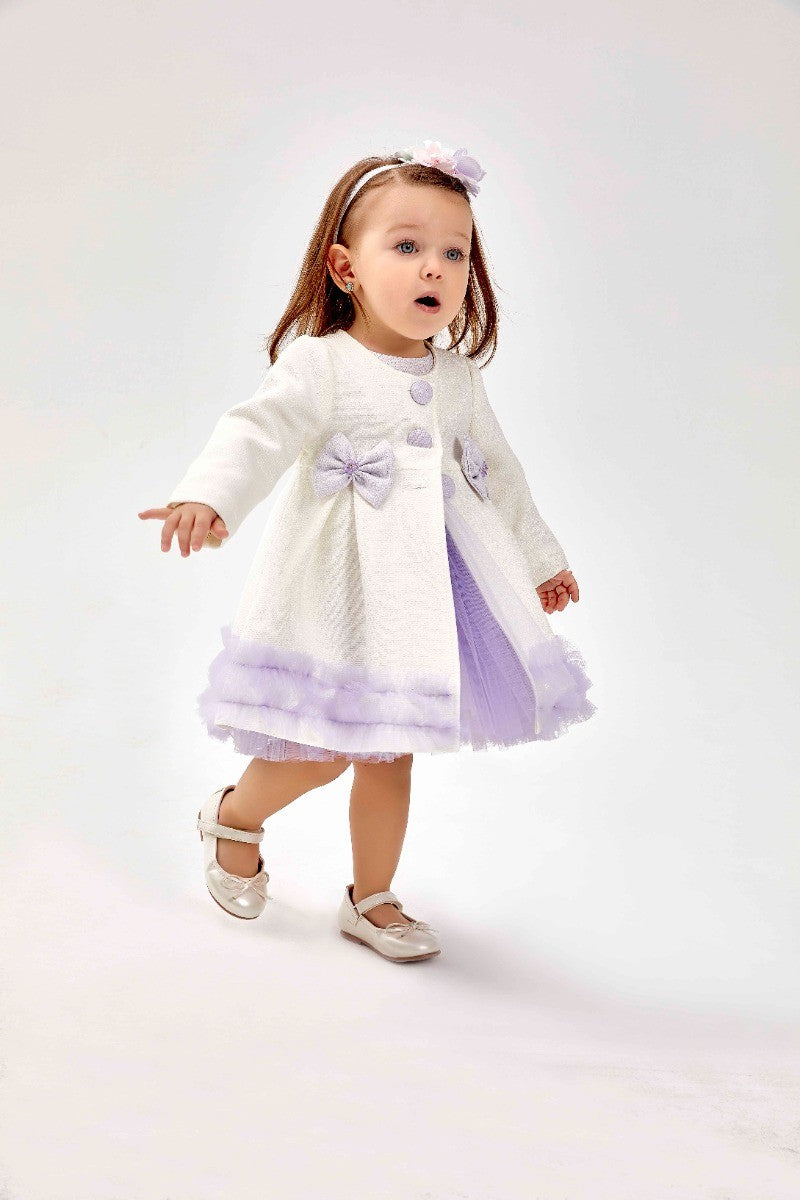 Ensemble Robe Midi Tulle Tutu Tricotée et Manteau pour Fillettes - Ivoire - Violet