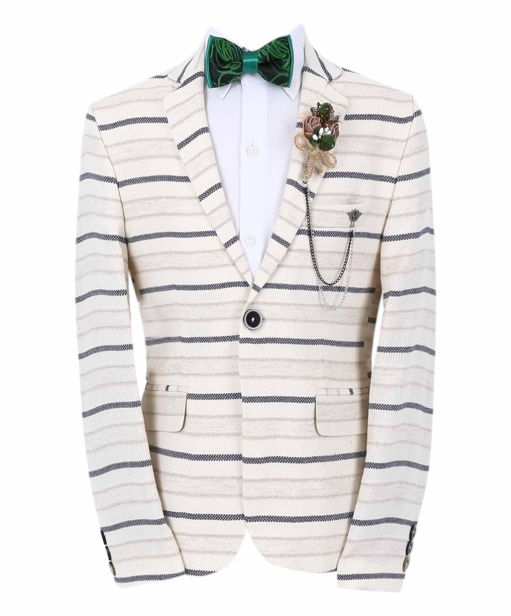 Jungen Slim Fit Gestreifter Blazer - Beige - Navyblau