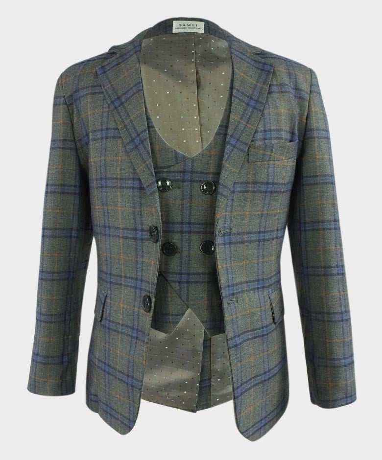 Costume à Carreaux Windowpane Tailored Fit Gris pour Garçons - Bleu - Orange