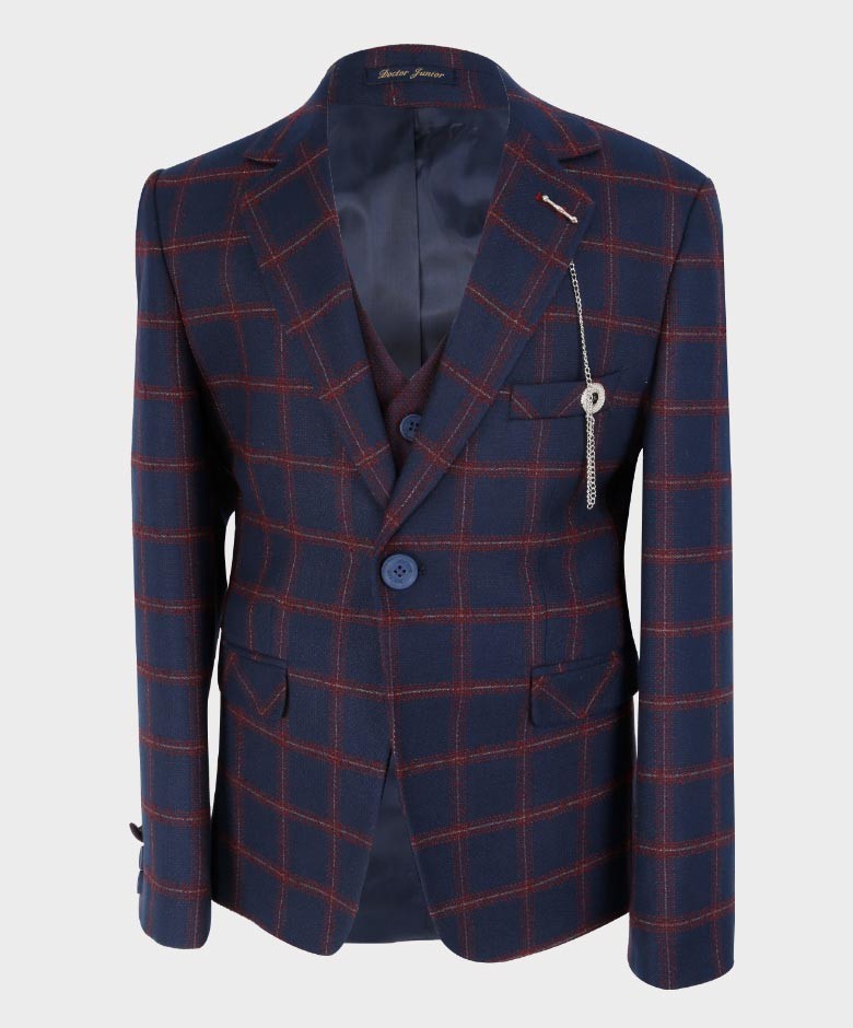 Jungen Maßgeschneiderter Windowpane Retro Karoanzug - Marineblau - Kastanienbraun