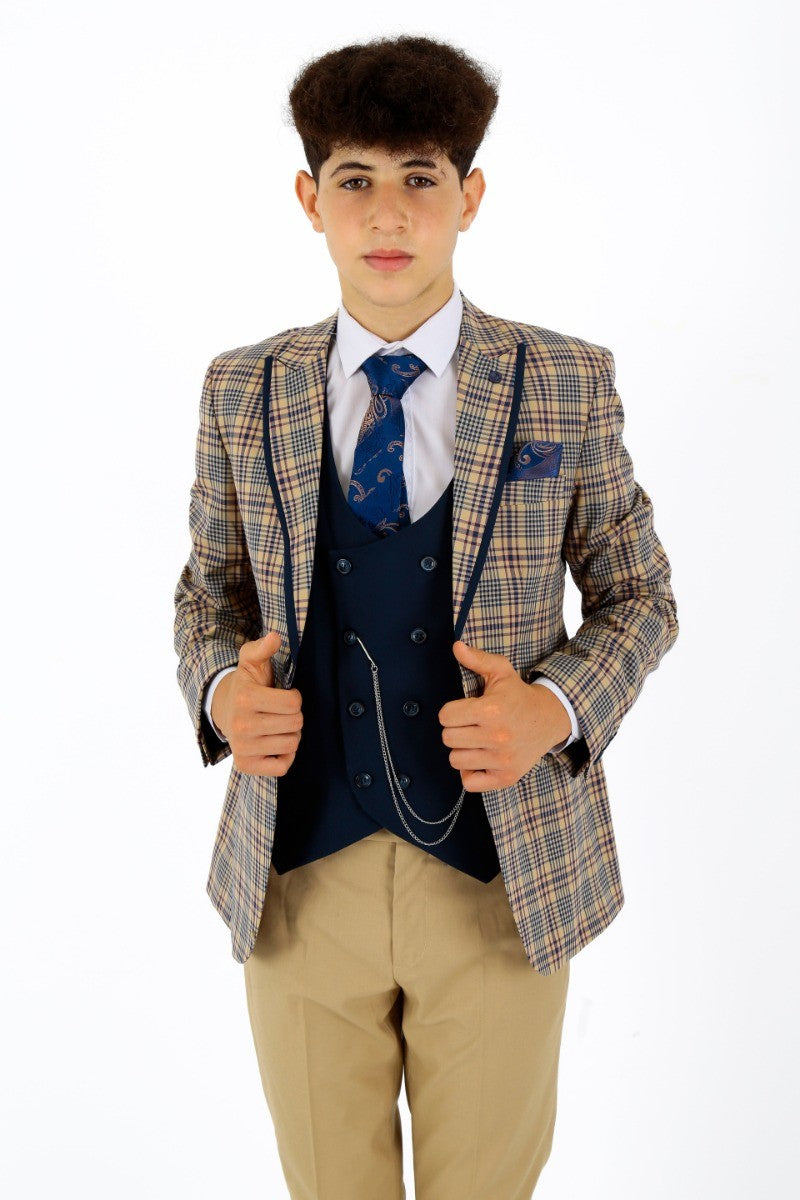 Jungen Karo Schlank geschnittener Anzug - Beige - Navyblau