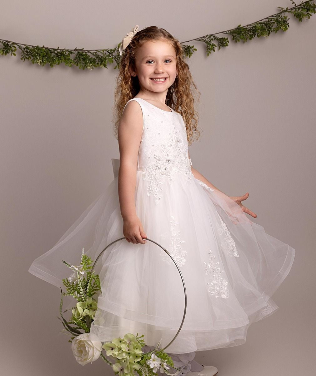 Mädchen Elfenbein Florales Besticktes Tüll Kleid - RAQUEL - Elfenbein