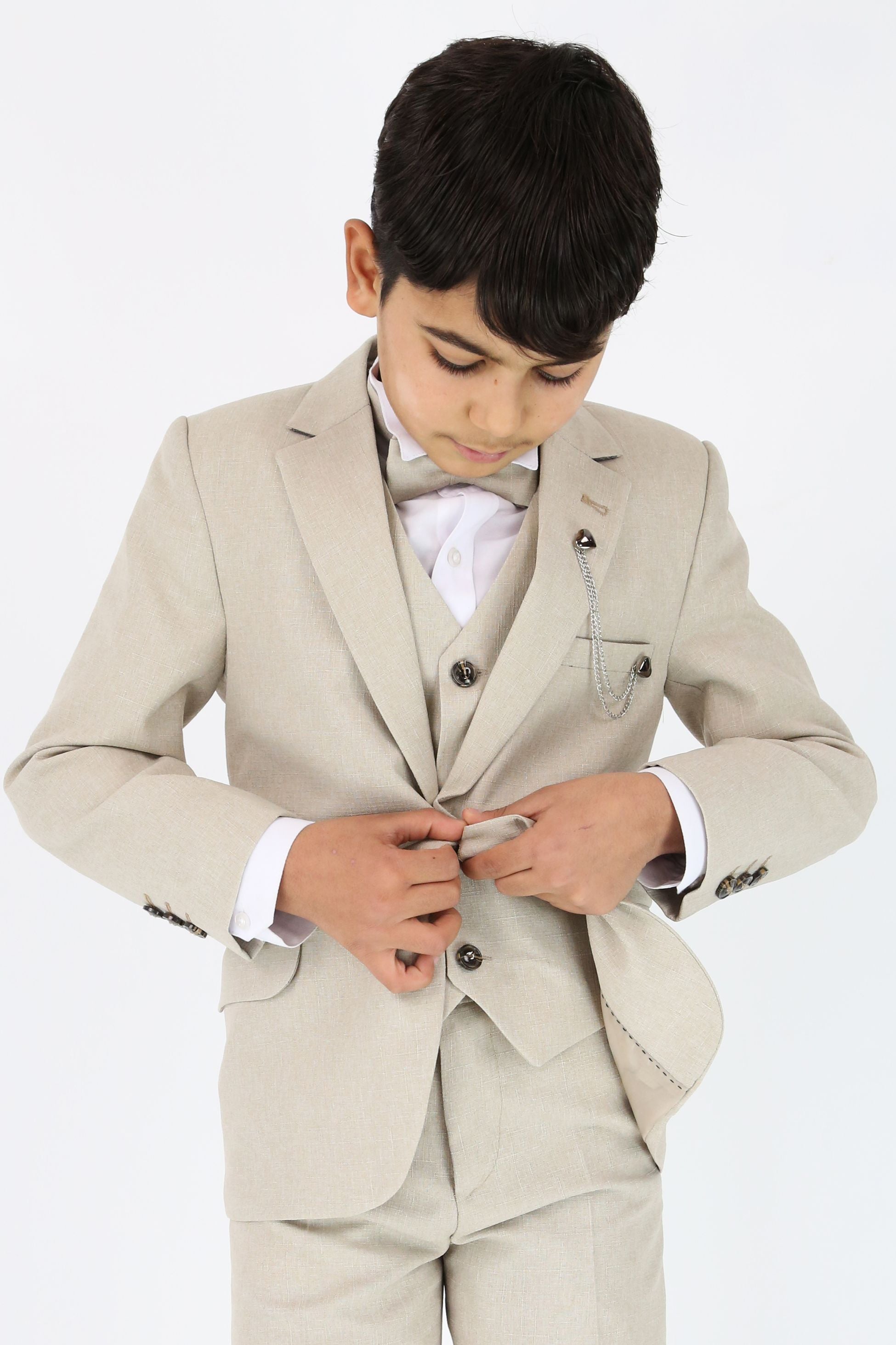 Jungen Slim Fit Strukturierter 6-teiliger Formalanzug-Set - Beige