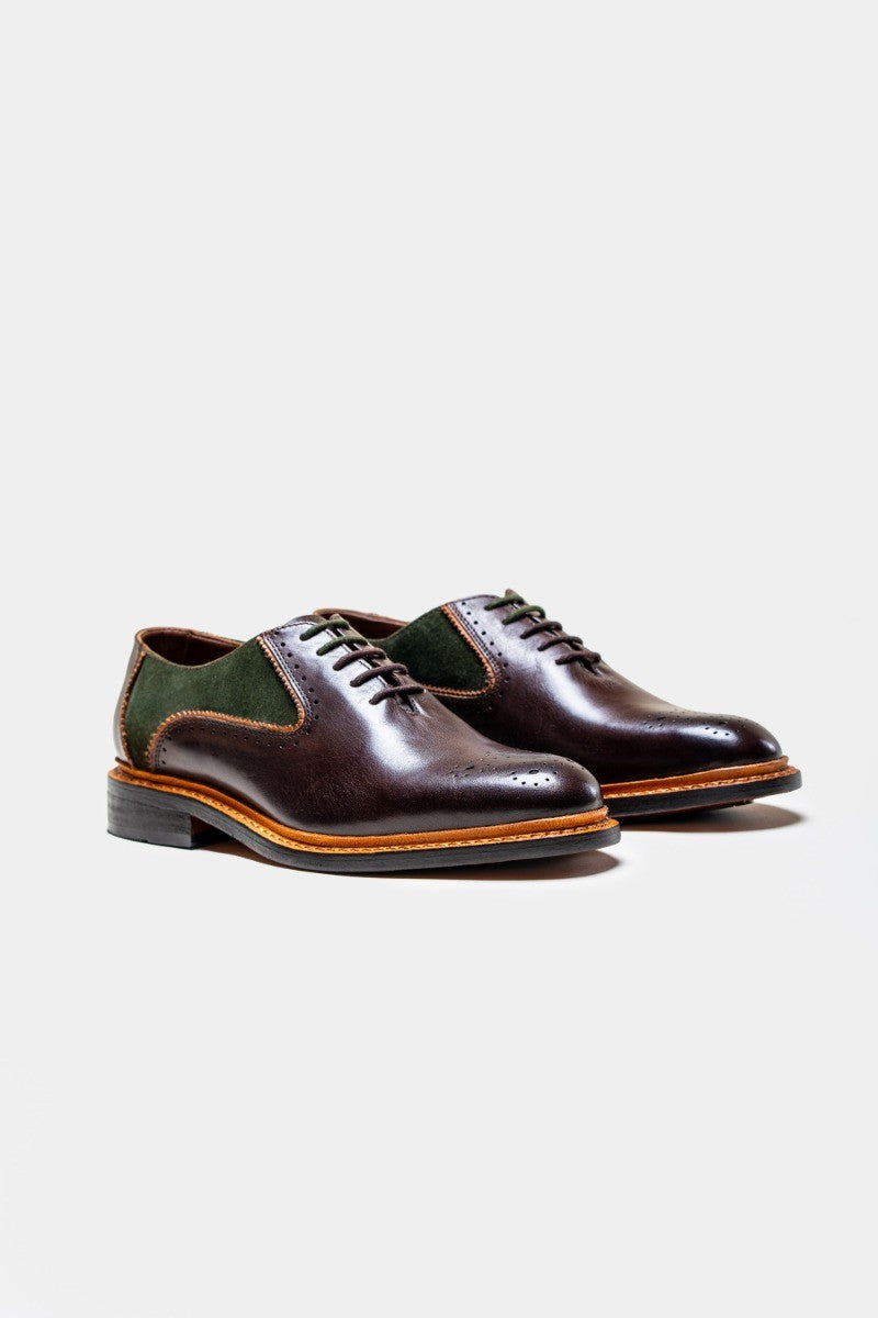 Men's Lace Up Suede & Leather Dress Shoes - BRENTWOOD - Brown With Olive Green Pair Side Picture