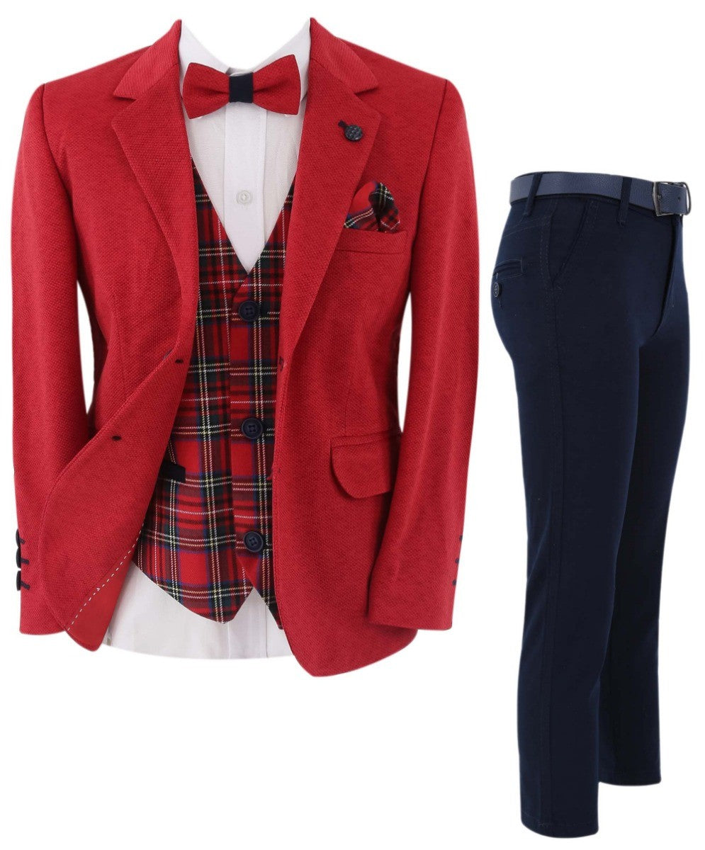 Jungen Slim Fit Anzug mit Karo Westen-Set - Rot