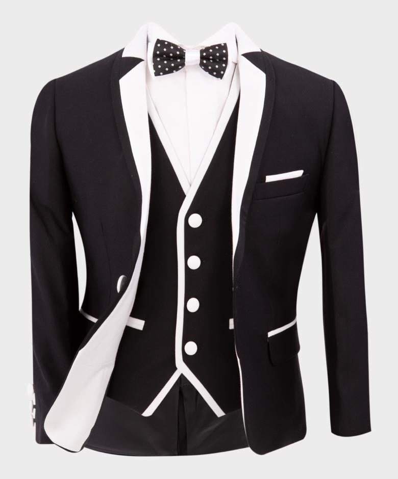 Boys Exclusive Piping Tuxedo Suit - Black - White