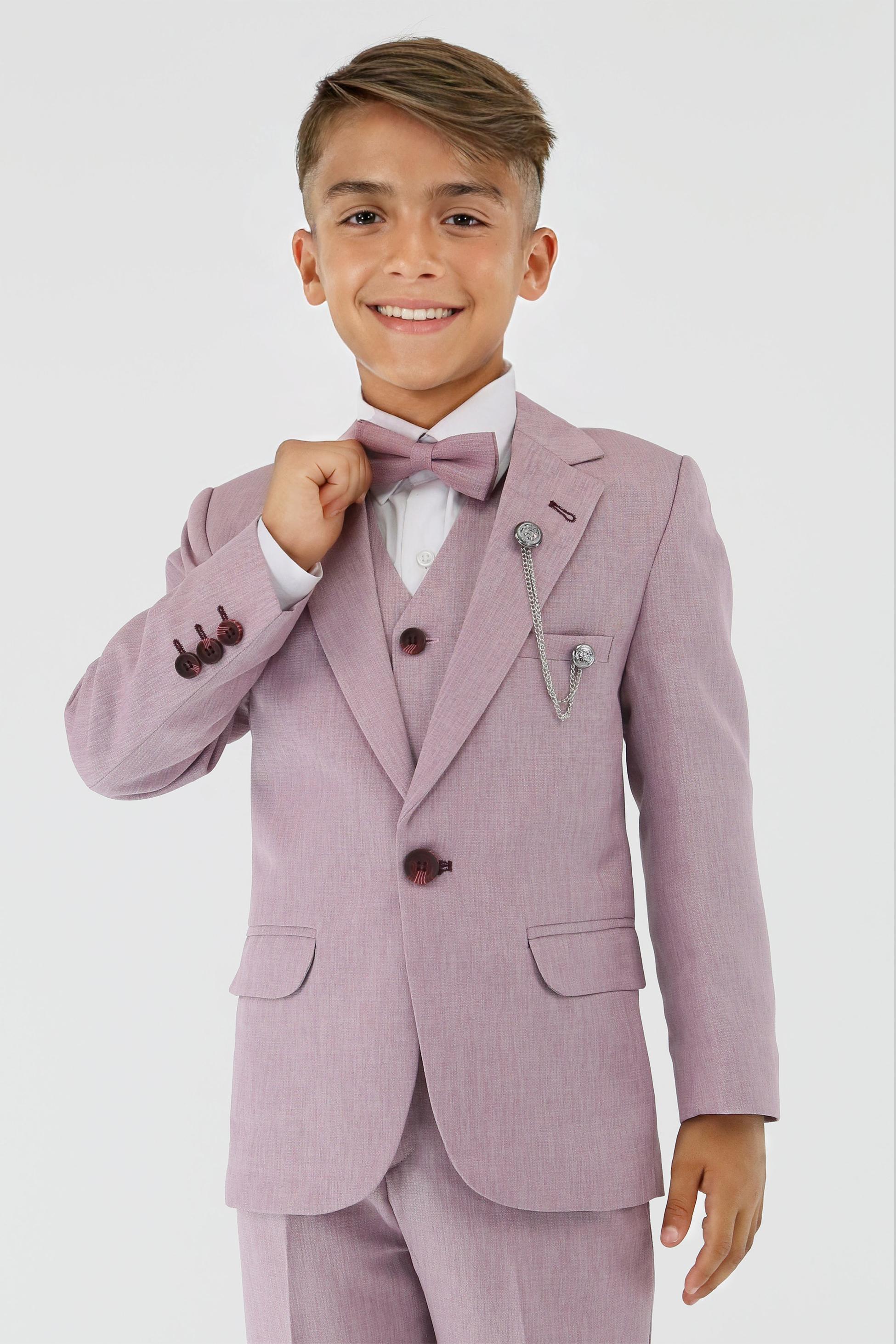 Boys Slim Fit Textured 8-Piece Formal Suit Set - Lilac Picture with Bowtie