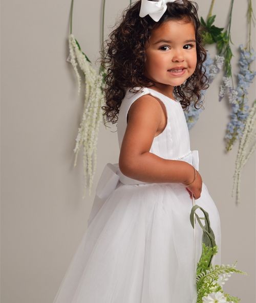 Girls Pleated Bodice Communion Dress with Bow - CINDY - White