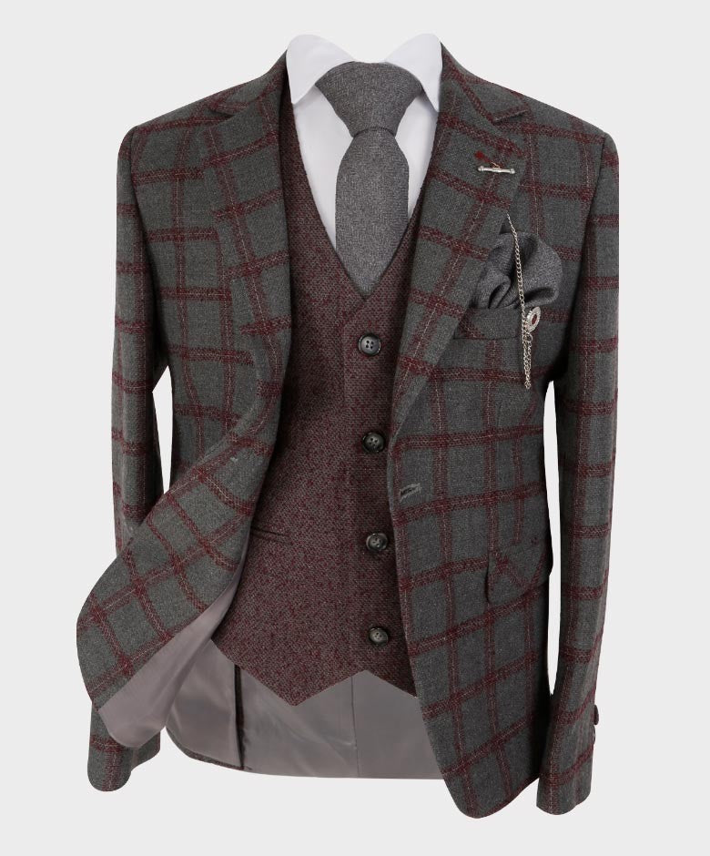 Costume à Carreaux Windowpane Rétro Tailored Fit pour Garçons - Gris - Bordeaux