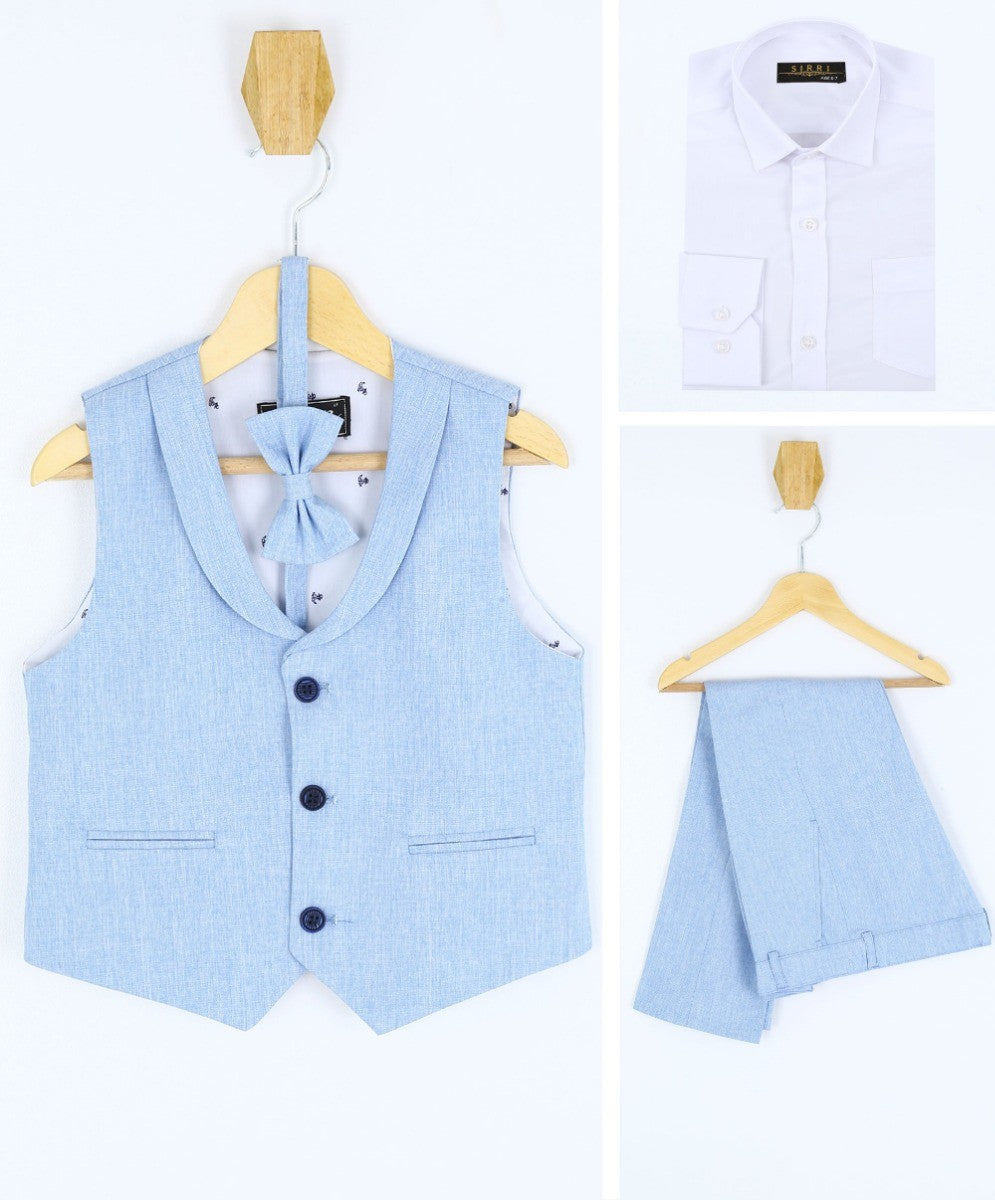 Ensemble 4 pièces en coton et lin pour bébé et garçon, gilet et short - Bleu ciel