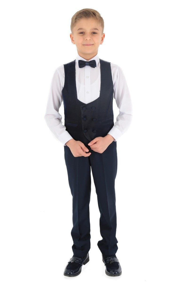 Boys Double Breasted Corduroy Velvet Waistcoat - Navy Blue