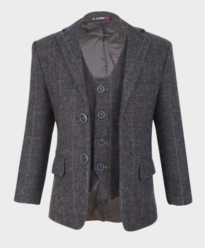 Costume à Carreaux Windowpane Tailored Fit pour Garçons - Gris Foncé