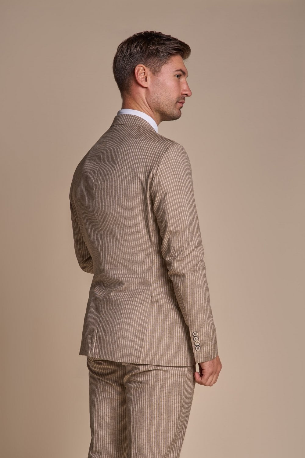Herren Slim Fit Nadelstreifen Beiger Anzug – KRAKEN Sand - Sandbeige