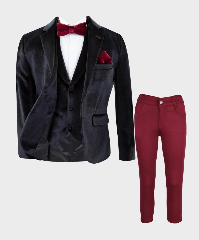Blazer en Velours Tailored Fit avec Patte de Coude pour Garçons - Noir