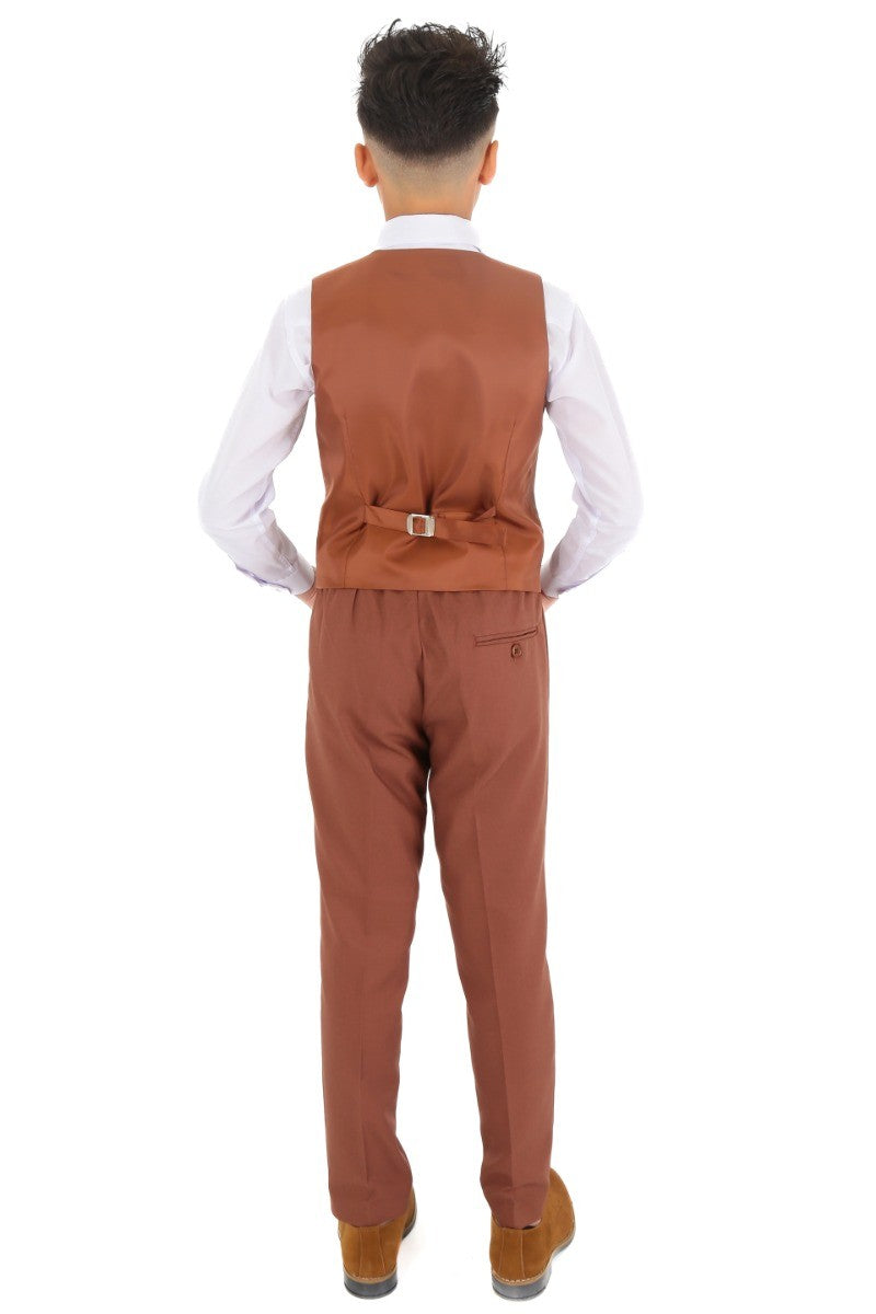 Boys Slim Fit Herringbone 8 Piece Suit Set - KING - Cinnamon Brown