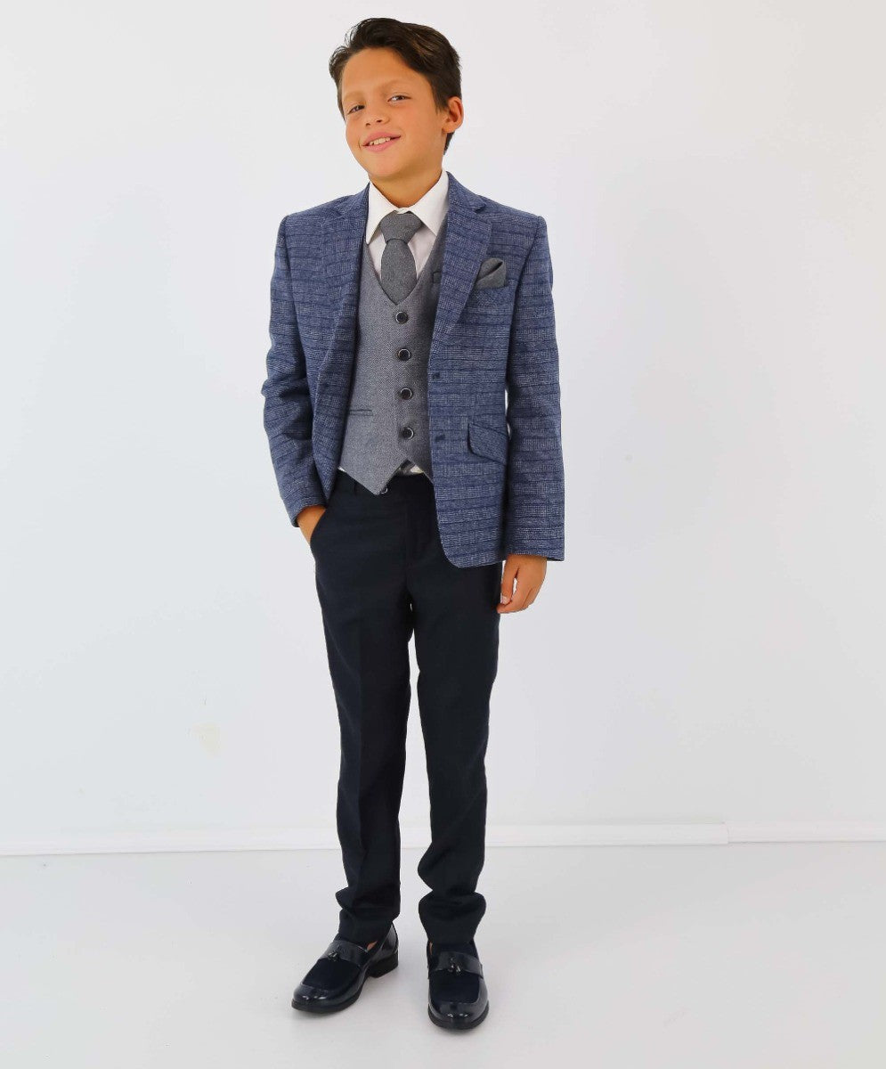 Jungen Tweed Fischgrät Blazer und Westenanzug-Set - Blau