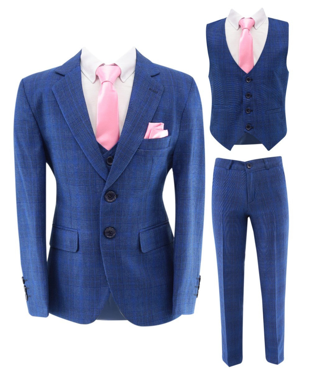 Costume à Carreaux Tailored Fit Bleu pour Garçons - LIONEL - Bleu Moyen