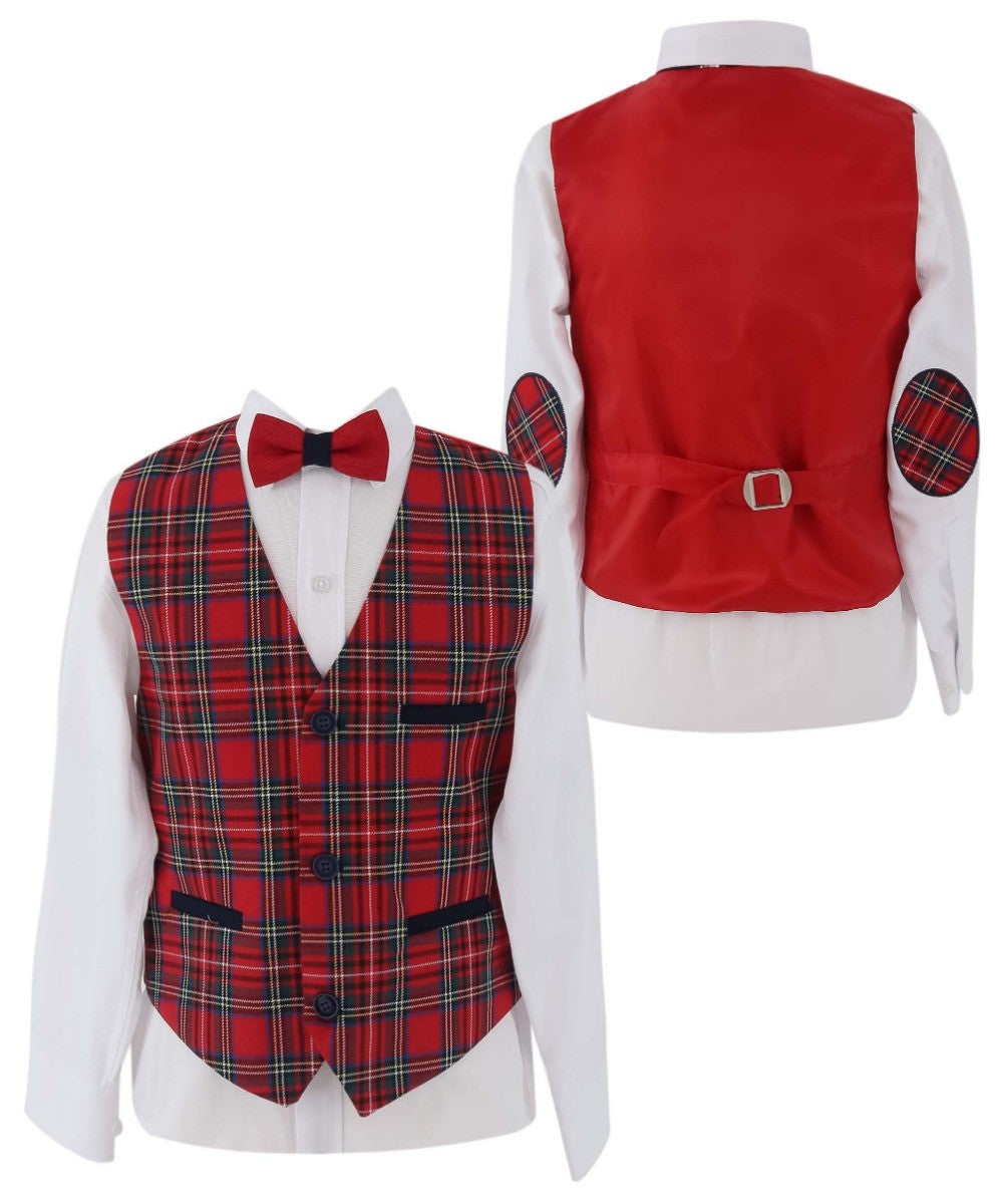 Jungen Slim Fit Anzug mit Karo Westen-Set - Rot