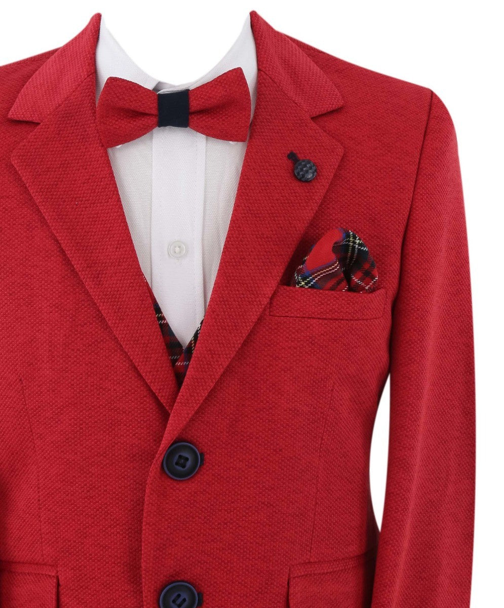 Jungen Slim Fit Anzug mit Karo Westen-Set - Rot