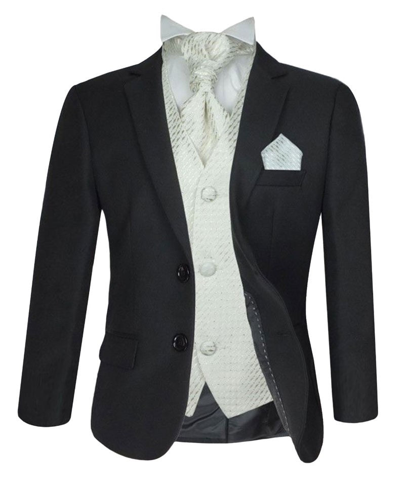 Jungen Formeller Anzug mit Gemusterter Weste und Krawatten-Set - Antonio - Schwarz
