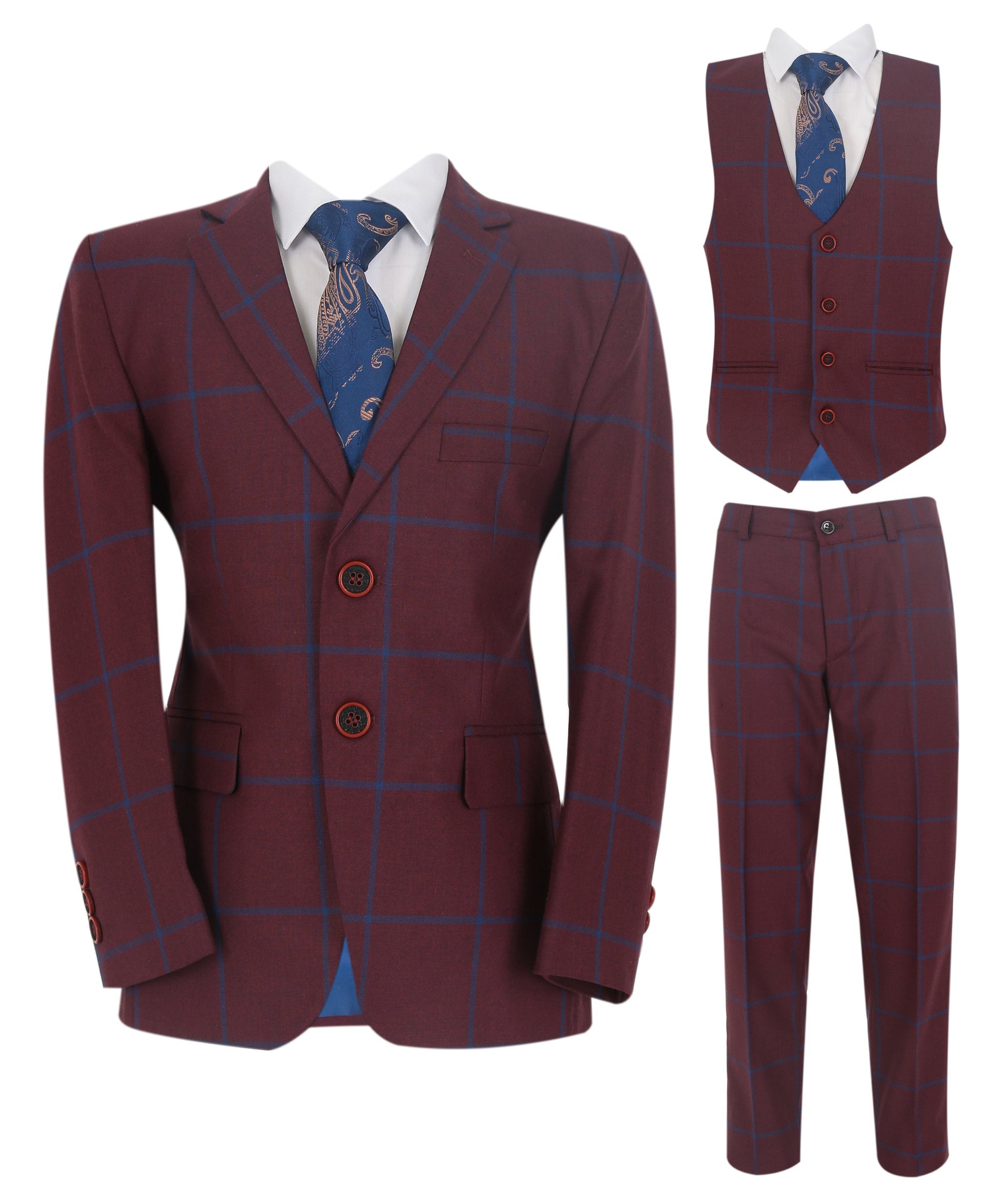 Costume à Carreaux Windowpane Tailored Fit pour Garçons - DOMINIC - Bordeaux - Bleu
