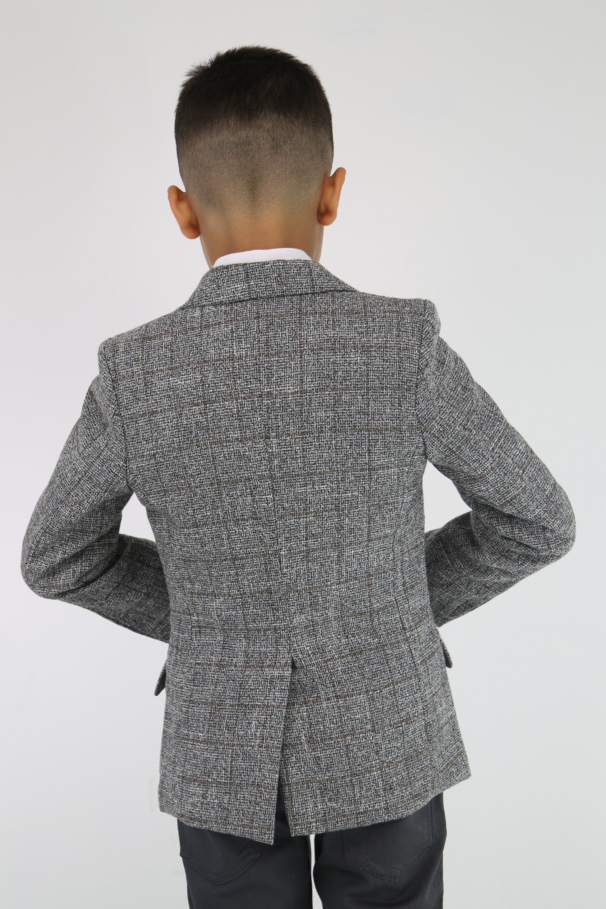 Jungen Baumwoll-Mischgewebe Tweed-ähnlicher Karo Blazer - Grau