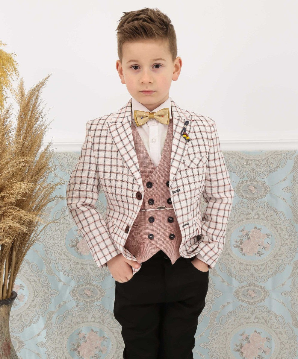 Jungen Karo Blazer und Doppelreihiges Westenanzug-Set - Bordeaux