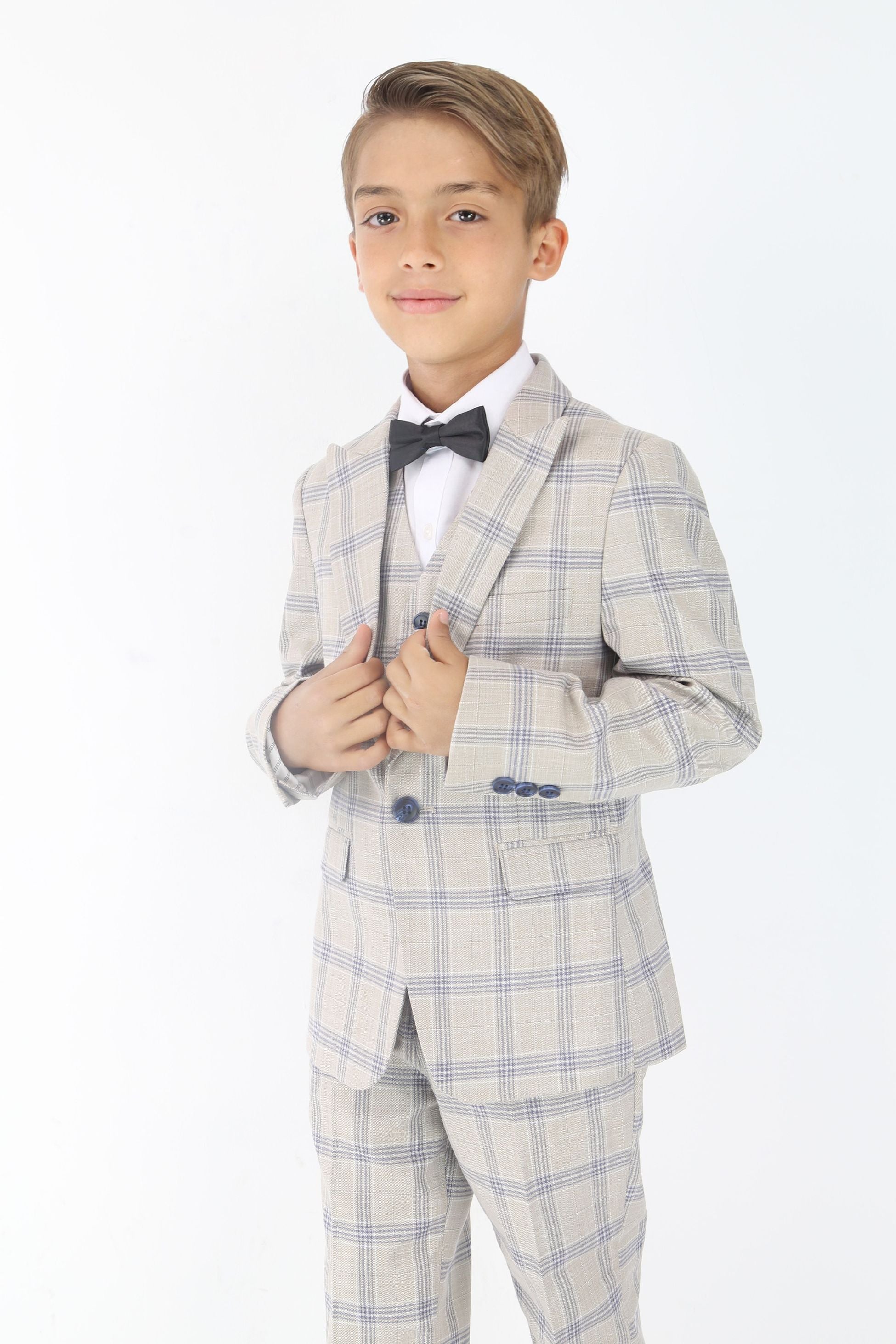 Boys Beige & Blue Plaid Check Suit - Beige - Blue Main Picture